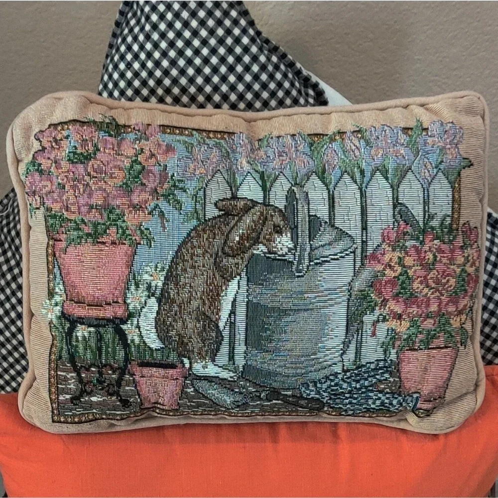 Grannycore Cottagecore Easter Tapestry Bunny Watering Can Floral Pillow